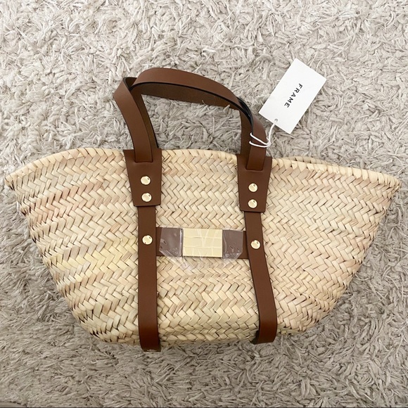 Frame Straw Tote Natural NWT Mini Tote Brown Leather Gold Hardware - Picture 6 of 10